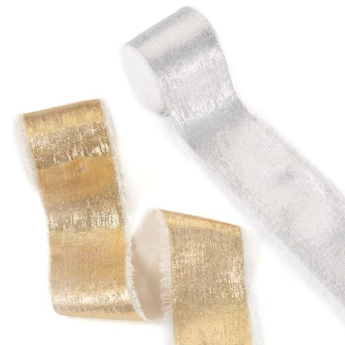 Spritewelry 2 Rollen Gold Silber schimmerndes Chiffon-Seidenband mit ausgefransten Kanten für Geschenkverpackungen, Brautsträuße, Hochzeitseinladungen, Weihnachten, Party, Heimdekoration von Spritewelry