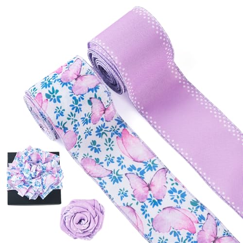 Spritewelry 2 Rollen florales Band mit Drahtrand für Frühling Sommer Blume Schmetterling Muster Band für Geschenkverpackungen DIY Handwerk Bowknot Kranz Blumensträuße von Spritewelry