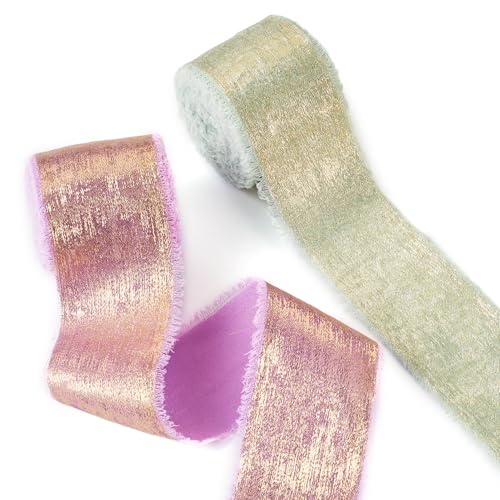 Spritewelry 2 Rollen schimmerndes Chiffon-Seidenband, lila-grün, ausgefranster Rand, Bänder für Geschenkverpackungen, Brautsträuße, Hochzeitseinladungen, Weihnachten, Party, Heimdekoration von Spritewelry