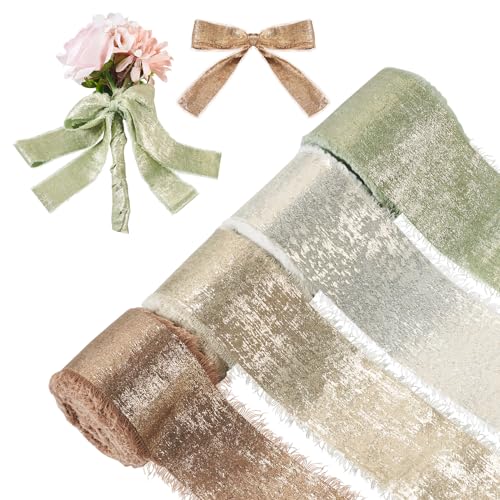 Spritewelry 4 Rollen schimmerndes ausgefranstes Band mit Fransen und rohen Kanten, Seiden-Chiffon-Stoffband für Geschenkverpackungen, Brautsträuße, Hochzeitseinladungen, Weihnachten, Party, von Spritewelry