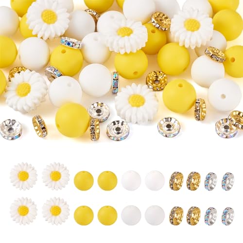 Spritewelry 65 x Sonnenblumen-Silikonperlen, Gänseblümchen, runde lose Perlen, Glas-Strass, Abstandshalter für DIY-Stifte, Schlüsselanhänger, Schlüsselbänder, Schmuckherstellung von Spritewelry