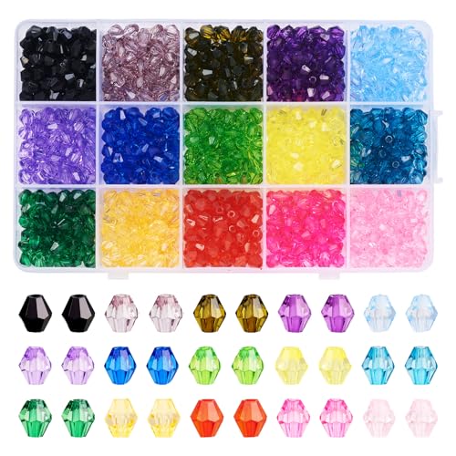 Spritewelry Facettierte Acrylperlen, Doppelkegel, Kristallperlen, kleine Armbandperlen, winzige, facettierte Kristalle, lose Abstandshalter für DIY-Schmuckherstellung, Halsketten, Ohrringe, 15 Farben, von Spritewelry