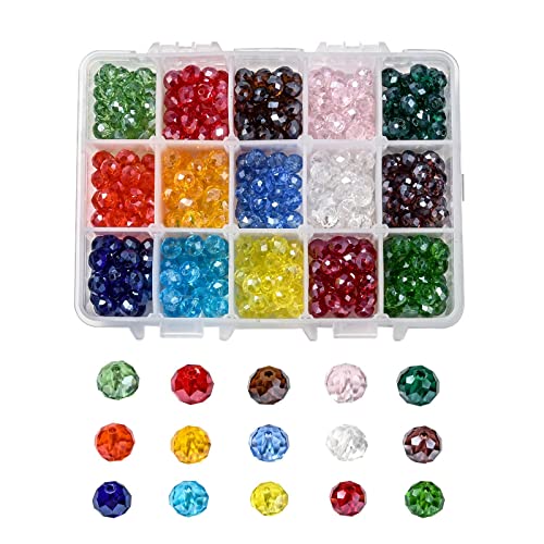 Spritewelry Galvanisierte Glasperlen in 15 Farben, glänzend, facettierte Rondelle, 8 x 6 mm, Loch: 1 mm, lose Perlen für Armbänder, Halsketten, Ohrringe, 450 Stück/Box von Spritewelry