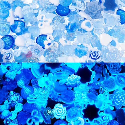 Spritewelry Leuchtende Blumen-Cabochons, gemischt, leuchtet im Dunkeln, Kunstharzperlen, Cabochons für Schmuckherstellung, Scrapbooking, Nagelkunst, Handyhüllen, Basteln, Blau, 30 g von Spritewelry