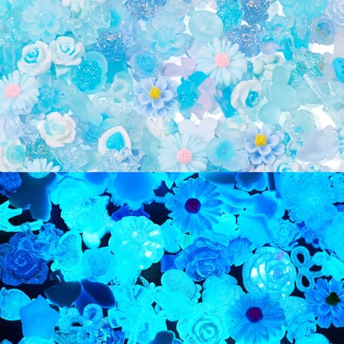 Spritewelry Leuchtende Blumen-Cabochons, gemischt, leuchtet im Dunkeln, Kunstharzperlen, Cabochons für Schmuckherstellung, Scrapbooking, Nagelkunst, Handyhüllen, Basteln, Cyan, 30 g von Spritewelry