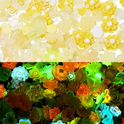 Spritewelry Leuchtende Blumen-Cabochons, gemischt, leuchtet im Dunkeln, Kunstharzperlen, Cabochons für Schmuckherstellung, Scrapbooking, Nagelkunst, Handyhüllen, Basteln, Gelb, 30 g von Spritewelry