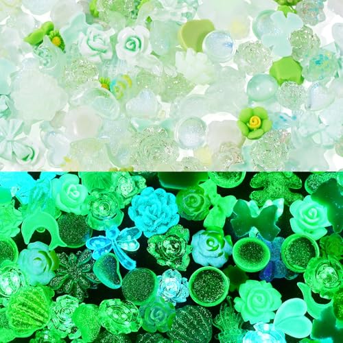 Spritewelry Leuchtende Blumen-Cabochons, gemischt, leuchtet im Dunkeln, Kunstharzperlen, Cabochons für Schmuckherstellung, Scrapbooking, Nagelkunst, Handyhüllen, Basteln, Grün, 30 g von Spritewelry