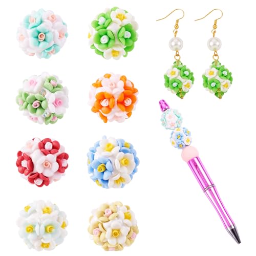 Spritewelry Leuchtende Blumen-Ton-Perlen für Stift, 18 mm, runde Perlen, Discokugel-Perlen, Polymer-Ton, Blumenperlen für Perlenstifte, Schmuckherstellung, Halskette, Armband, 8 Stück von Spritewelry