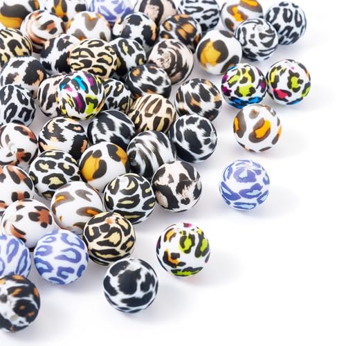 Spritewelry Runde Leoparden-Silikon-Fokal-Perlen für Stifte, bunte Leoparden, weiche Gummi-Perlen für Armbänder, Schlüsselanhänger, Schmuckherstellung, 15 mm, 48 Stück von Spritewelry