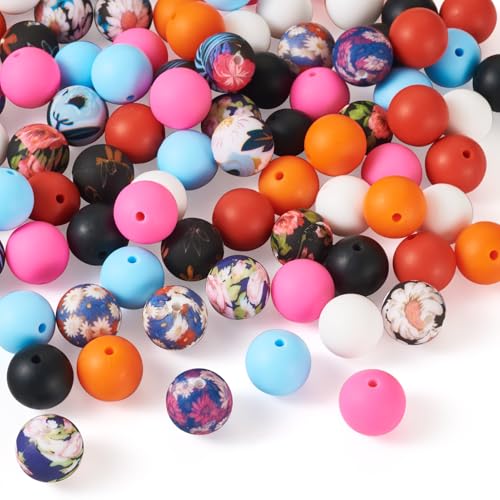 Spritewelry Runde Silikonperlen für Schlüsselanhänger, 15 mm, bunt, Blumendruck, lose runde weiche Gummiperlen für Stifte, Armbänder, Schmuck, Handwerk, 84 Stück von Spritewelry