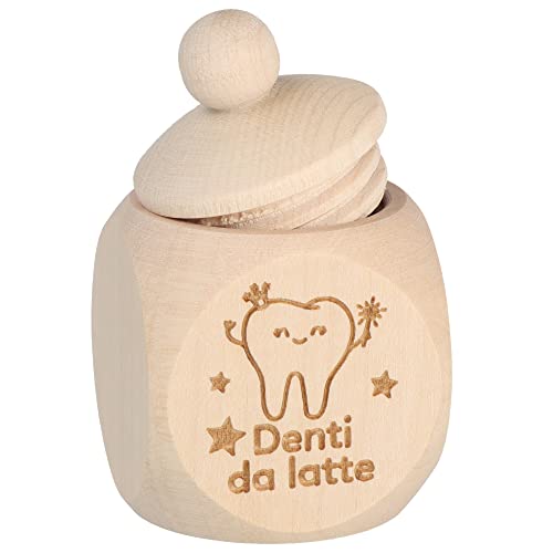 Spruchreif | Milchzahndose aus Holz mit Schraubdeckel und italienischer Gravur | Milchzahnbox für Kinder | Milchzahndose für Jungen und Mädchen | Topolino | "Denti da latte " von Spruchreif