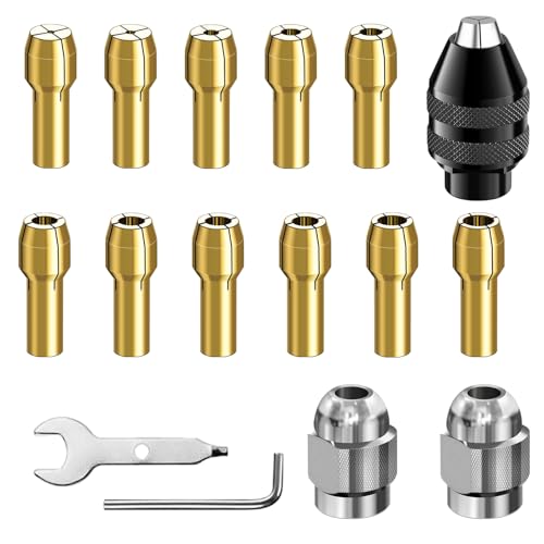 Sqxaldm 16 PCS Bohrfutter Spannzangensatz Kompatibel mit Dremel,Multi size Bohrfutter Set Messing 4486 Bohrfutter Metallmutter, Zubehörsatz für Multifunktionswerkzeug, für Hochgeschwindigkeitsbohrer von Sqxaldm