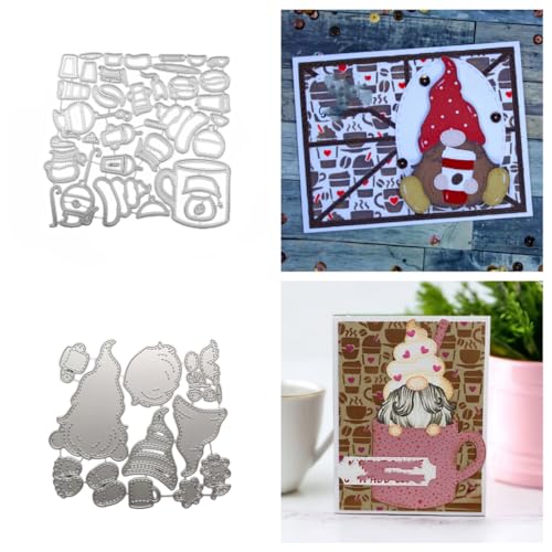 Sredwtk 2set Kaffee Wichtel Gnome Stanzschablonen Weihnachten Wichtel Metall Prägeschablonen Stanzformen Schneiden für DIY Karte Sammelalbum Scrapbooking Fotoalbum Deko Cutting Dies von Sredwtk