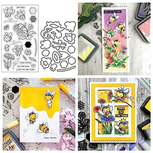 Sredwtk Bienen Blumen Erdbeeren Stanzschablonen und Stempelset,Stempel und Stanzen Set,Silikonstempel und Stanzen Set,Clear Stamp und Stanzschablone Für DIY Scrapbooking Fotoalbum Dekor Karten von Sredwtk