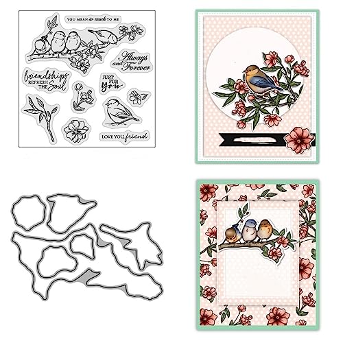 Sredwtk Blumen Vogel Stempel und Stanzen Set,Silikonstempel und Stanzen Set,Stanzschablonen und Stempelset,Clear Stamp und Stanzschablone Für DIY Scrapbooking Fotoalbum Dekor Karten von Sredwtk