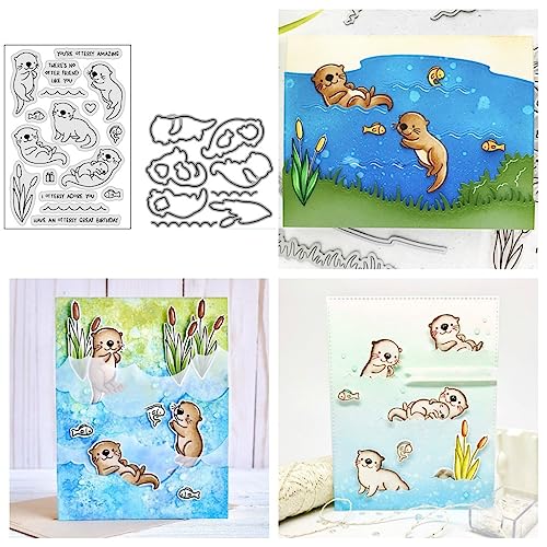 Sredwtk Otter Tiere Stanzschablonen und Stempelset,Stempel und Stanzen Set,Silikonstempel und Stanzen Set,Clear Stamp und Stanzschablone Für DIY Scrapbooking Fotoalbum Dekor Karten von Sredwtk