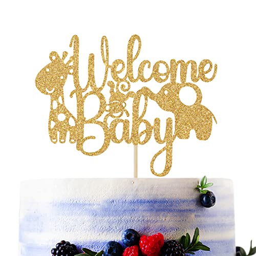 Glitzer Willkommen Baby Tortenaufsatz – New Baby Hello Baby Kuchen Topper, Dschungel Wild Tier Geburtstag Kuchen Dekor, Babyparty Geschlecht Offenbarung Party Dekorationen Gold von Sriburcio