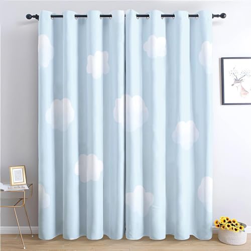 Kinder Vorhänge 2er Blickdicht Gardinen Thermovorhang Ösenschal Vorhänge 150x166cm(BxH) Cartoon Blauer Himmel Mit WeißEn Wolken Verdunklungsvorhang für Büros Wohnzimmer Schlafzimmer, Hellblau von Srigzcaly