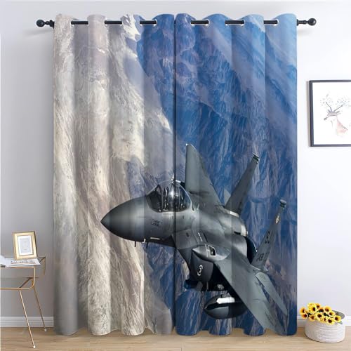 Kinder Vorhänge 2er Blickdicht Gardinen Thermovorhang Ösenschal Vorhänge 150x166cm(BxH) Modernes MilitäRisches Kampfjet-Muster Verdunklungsvorhang für Büros Wohnzimmer Schlafzimmer Kinderzimmer, Multi von Srigzcaly