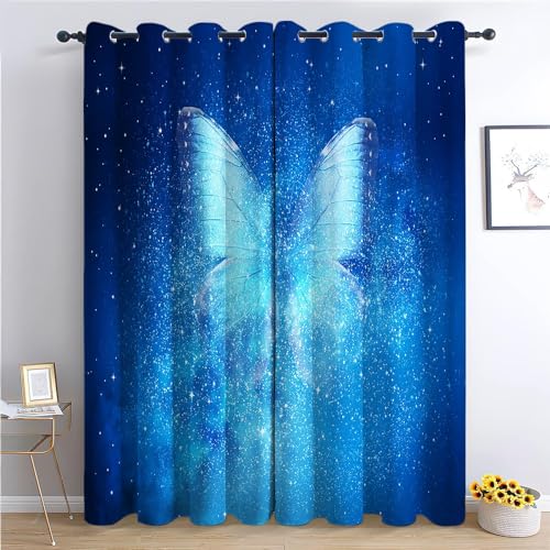 Srigzcaly Blauer Fantasy-Schmetterlingsdruck Thermo isolierte Ösen Vorhänge, Waschbarer Polyester Vorhang, 150x166cm(BxH) für Kinderzimmer & Wohnzimmer von Srigzcaly