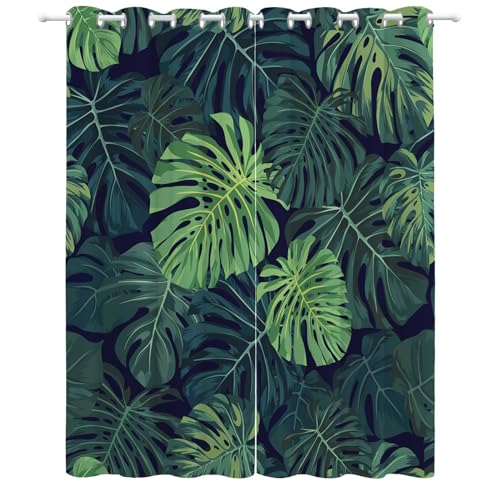 Srigzcaly Kind Vorhänge Blickdicht Gardinen Thermovorhang Ösenschal Vorhänge 2 PCS 110x215cm(BxH) GrüN-Monstera-Druck Verdunklungsvorhang für Büros Wohnzimmer Schlafzimmer Kinderzimmer von Srigzcaly