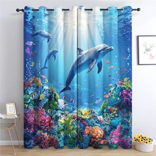 Srigzcaly Verdunkelungsvorhänge 2 Stück 75x166cm(BxH), Unterwasserwelt Delfine Grommet Vorhänge - Lärmminderung, Staubdicht Vorhange Blickdicht, Blau Polyester Vorhänge für Kinderzimmer&Wohnzimmer von Srigzcaly