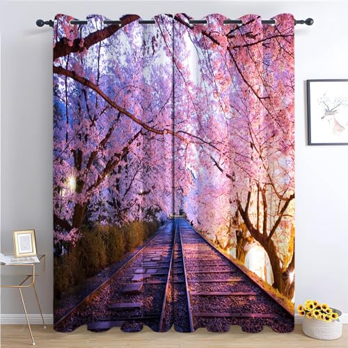 Srigzcaly Verdunklungsvorhänge mit Ösen Thermovorhang 2er Set Gardinen 280x245cm(BxH) Rosa KirschblüTenpfad-Landschaft Polyester Blickdichte Vorhänge für Wohnzimmer Schlafzimmer Kinderzimmer von Srigzcaly