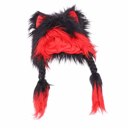 Srliya Handgefertigte Katzenohren-Kopfbedeckung, Warme Mütze, Party-Kopfbedeckung, Flauschiger Plüsch-Katzenohren-Hut für Cosplay, Valentinstag, Weihnachten (Schwarz Rot) von Srliya