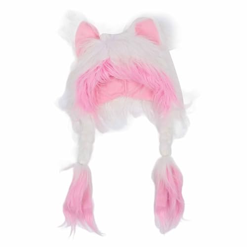 Srliya Handgefertigte Katzenohren-Kopfbedeckung, Warme Mütze, Party-Kopfbedeckung, Flauschiger Plüsch-Katzenohren-Hut für Cosplay, Valentinstag, Weihnachten (Weiß Rosa) von Srliya