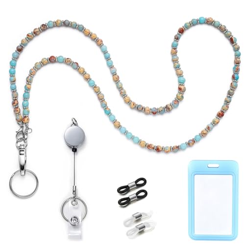 Sruchy Perlen-Lanyards für Ausweise, Schlüssel, niedliches Lehrer-Schlüsselband, einziehbar, Naturstein, modische Brillenkette mit robusten Abzeichenrollen für Damen von Sruchy
