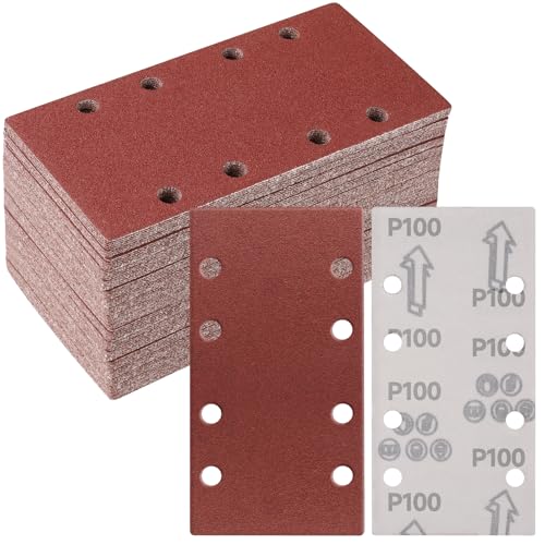 Sruhrak 50 Stück 93 x 185mm Schleifpapier Set, 100 Körnung Rechteckiges Schleifpad mit Klettverschluss 8 Löcher Schleifblatt für Rechteckschleifer Bosch-Schleifer von Sruhrak