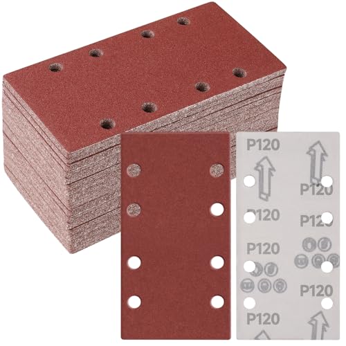 Sruhrak 50 Stück 93 x 185mm Schleifblatt Set, 120 Körnung Rechteckiges Schleifpad mit Klettverschluss 8 Löcher Schleifpapier für Rechteckschleifer und Bosch-Schleifer von Sruhrak