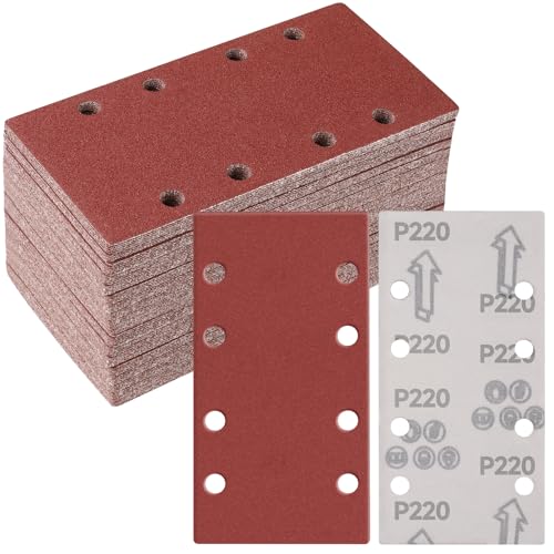 Sruhrak 50 Stück 93 x 185mm Schleifpapier Set, 220 Körnung Rechteckiges Schleifpad mit Klettverschluss 8 Löcher Schleifblatt für Rechteckschleifer Bosch-Schleifer von Sruhrak