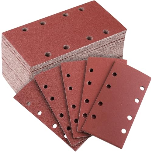 Sruhrak 50 Stück 93 x 185mm Schleifblatt Set, 40/60/80/120/240 Körnung Rechteckiges Schleifpad mit Klettverschluss 8 Löcher Schleifpapier für Rechteckschleifer und Bosch-Schleifer von Sruhrak