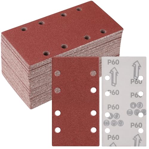 Sruhrak 50 Stück 93 x 185mm Schleifpapier Set, 60 Körnung Rechteckiges Schleifpad mit Klettverschluss 8 Löcher Schleifblatt für Rechteckschleifer Bosch-Schleifer von Sruhrak