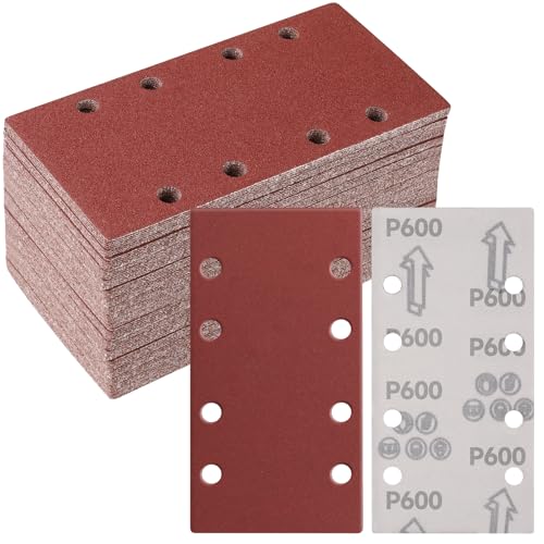 Sruhrak 50 Stück 93 x 185mm Schleifblatt Set, 600 Körnung Rechteckiges Schleifpad mit Klettverschluss 8 Löcher Schleifpapier für Rechteckschleifer und Bosch-Schleifer von Sruhrak