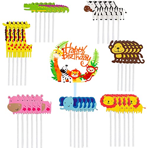 Brateuanoii 36pcs Tiere Geburtstag Tortendeko, Dschungel Themed Kuchendeckel, Kuchendeko Tiere, 1 Happy Birthday-Banner enthalten, Geeignet für Kinder-Babyparty-Party-Geburtstag von Srup