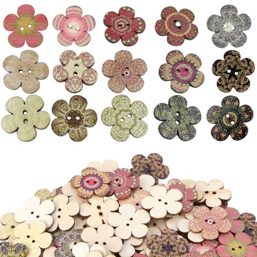 100 pcs Blumenknöpfe verschiedene Farbe & Stil 0, 8 2 Lochholzknöpfe für Handwerk, Kleidung, Puppenherstellung, Ersatz von Ssguopte