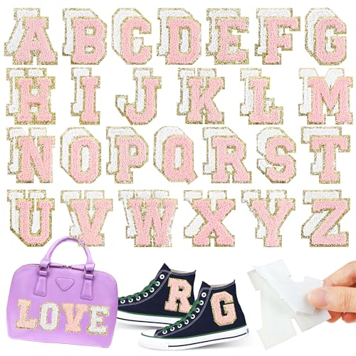 SSyuysto Selbstklebende Chenille-Buchstaben A-Z, Chenille-Buchstaben für Kleidung, Stoff, Schuhe, Taschen, 52 Stück (Rosa, Weiß) von Ssyuysto