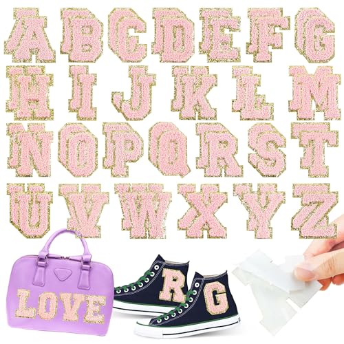 Ssyuysto Adrette Chenille-Buchstaben in Rosa, 52 Stück, personalisierte Anfangsbuchstaben, niedliche Aufnäher, zum Aufbügeln, für Kleidung, Rucksack, Hut von Ssyuysto
