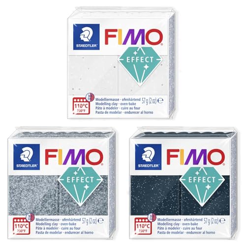 FIMO Soft Polymer Oven Bake Modelliermasse – 57 g Blöcke – 3er-Set – Steinweißer Granit, Granit und Sternenstaub von Staedtler