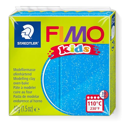 STAEDTLER ofenhärtende Modelliermasse FIMO kids, blau glitter, extra weich und geschmeidig, speziell für Kinder, Normalblock 42g, 8030-312 von Staedtler