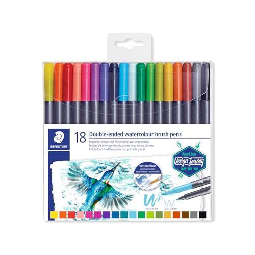 STAEDTLER 3001 TB18 Doppel-Fasermaler (feine Spitze und Pinselspitze, für Aquarell-Effekte) Klarfaltetui mit 18 brillanten Farben von Staedtler