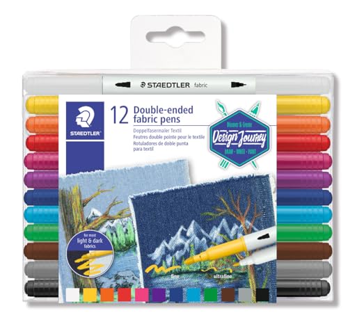 STAEDTLER 3190 TB12 Doppelfasermaler Textil (schmale und breite Spitze, zum Dekorieren von Stoffen, Klarfaltetui mit 12 leuchtenden Farben) Mehrfarbig von Staedtler