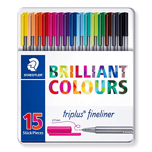 STAEDTLER 334 M15 Fineliner triplus (dreikant, hochwertiges Metalletui mit 15 brillanten Farben, Made in Germany, superfeine, metallgefasste Spitze, Linienbreite ca. 0,3 mm) von Staedtler