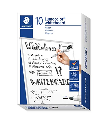 STAEDTLER Whiteboard Marker Lumocolor, schwarz, trocken und rückstandsfrei abwischbar, Rundspitze ca. 2 mm Linienbreite, hohe Qualität Made in Germany, 10 schwarze Marker, 351-9 von Staedtler