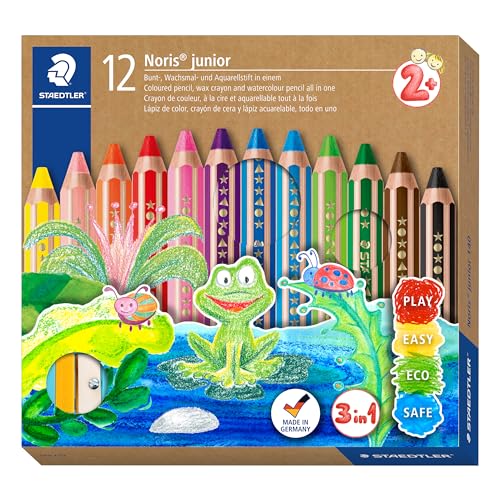 STAEDTLER 3in1 Buntstift Noris junior, Bunt-, Wachsmal- und Aquarellstift, extra bruchsicher, ideal für Kinder, für viele Oberflächen, Kartonetui mit 12 Farben inkl. Spitzer, 140 C12 von Staedtler