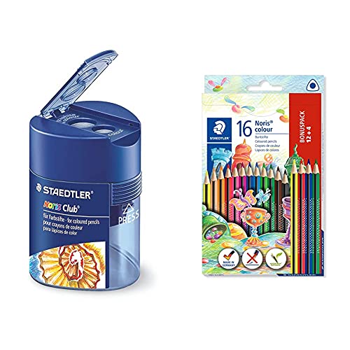 STAEDTLER 512 128 Doppelspitzdose Noris Club, Dreikant, Anspitzer Blautransparent + 188 C12P1 Noris Colour Buntstift von Staedtler