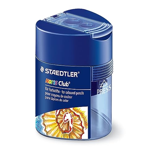 STAEDTLER Doppelspitzdose Noris Club, zwei Spitzlöcher für unterschiedliche Stiftformate, mit Verschlussdeckel, dreikant, blau transparent, 512 128 von Staedtler