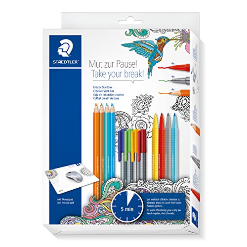 STAEDTLER 61 SET2MZP Kreativset Mut zur Pause (ergonomischer Dreikantschaft, Kartonetui mit Buntstiften, Finelinern und Fasermalern inklusive Mousepad mit Mandala-Flächen) von Staedtler